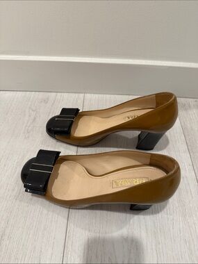 Prada Brown Patent Leather Heels with Black Bow Accent